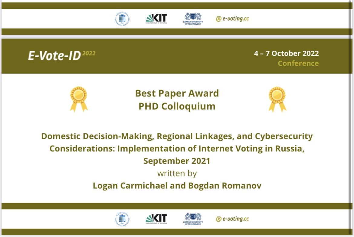 evotingcc's tweet photo. Yesterday there was one more highlight. The best paper awards per track for #EVoteID2022 were announced. Congratulations to all of you. Great job!! https://t.co/WihyHognD4