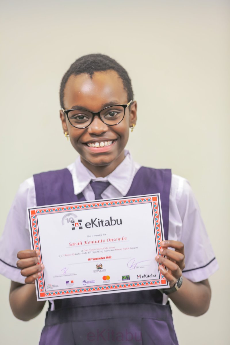 ekitabu's tweet photo. Congratulations to Sarah Kemunto Onsembe, Digital Essay Competition (DEC) 2022 winner in the English Primary category. Sarah is a student at Tenri Primary School in Embu County. #DECWinners #essaywriting https://t.co/Qag0ujFsLo https://t.co/FVI1igWxuo
