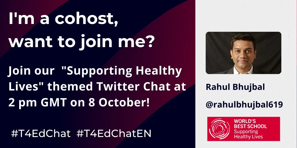 I am Co-hosting Twitter Chat on this Saturday that is tomorrow join us and share your thoughts on the...
Topic: 'Supporting Healthy Lives'
 8⃣Saturday 8 th of Octomber
⏰ 2pm -3pm GMT  (7:30 pm IST)
#WorldEduWeek
#StrongSchools 
#T4EdChat
#T4EdChatEN