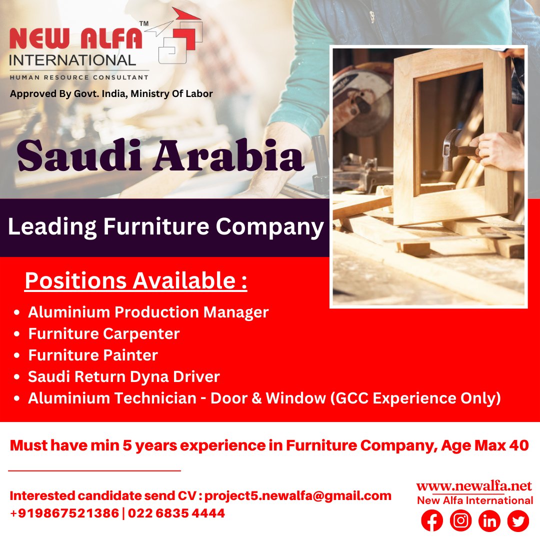 NewAlfaHR's tweet photo. Saudi Arabia Hiring ! 
#newalfainternational #SaudiArab #saudiarabia🇸🇦 #furniturejobs #interiors #interiordecor #Furniturecarpenter #furniturepainter #interview #hiringnow #saudiexpats #furnituremanufacturer #jobhunt #jobsearch #gulfjobs #overseasjobs #assignmentabroadtimes https://t.co/yGhVUhmSCf