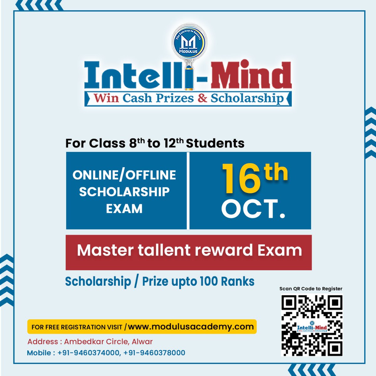 ModulusAcademy's tweet photo. 📢Attention Aspirants!!
🏆Here is Intelli-Mind—A chance for you to Win
📅Date of exam : 16 Oct 2022
📝Subjects : Physics | Chemistry | Biology | Maths
🌠Mode of Apply : Online/Offline
👩‍🏫Classes- VIII, IX, X, XI XII https://t.co/qSsoP8foRa