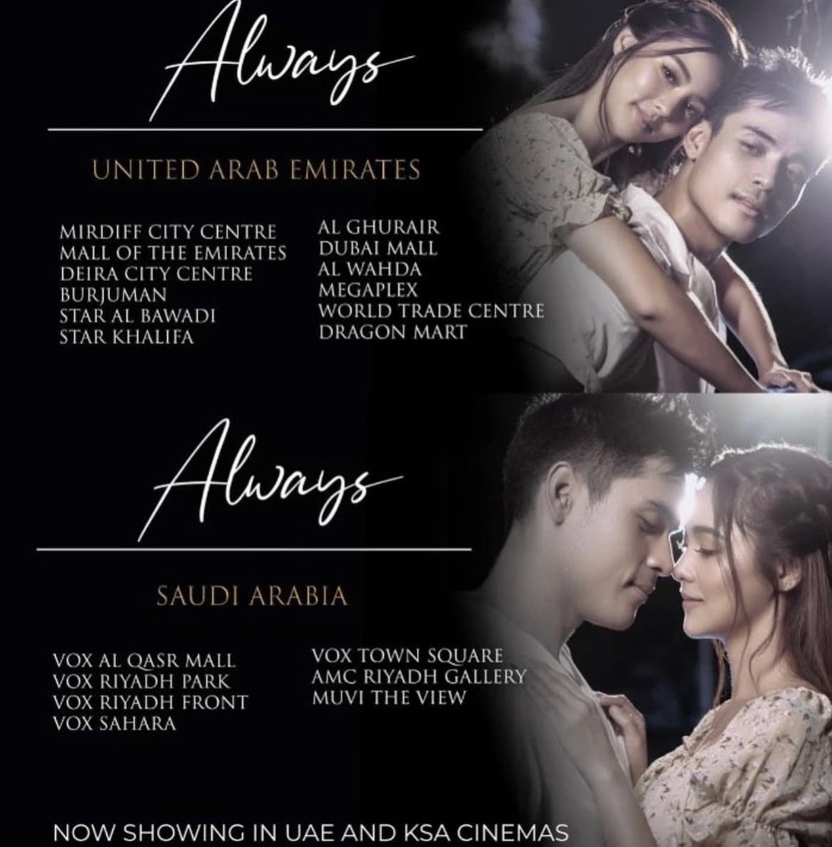 TeamKimmyChiu's tweet photo. ALWAYS, an adaptation of a hit Korean movie, starring @XianLimm, and @prinsesachinita is NOW SHOWING in UAE and Saudi Arabia. 

#AlwaysMovie
#AlwaysKimXi
#KimXiIsBack https://t.co/Vk7W2eiGyW
