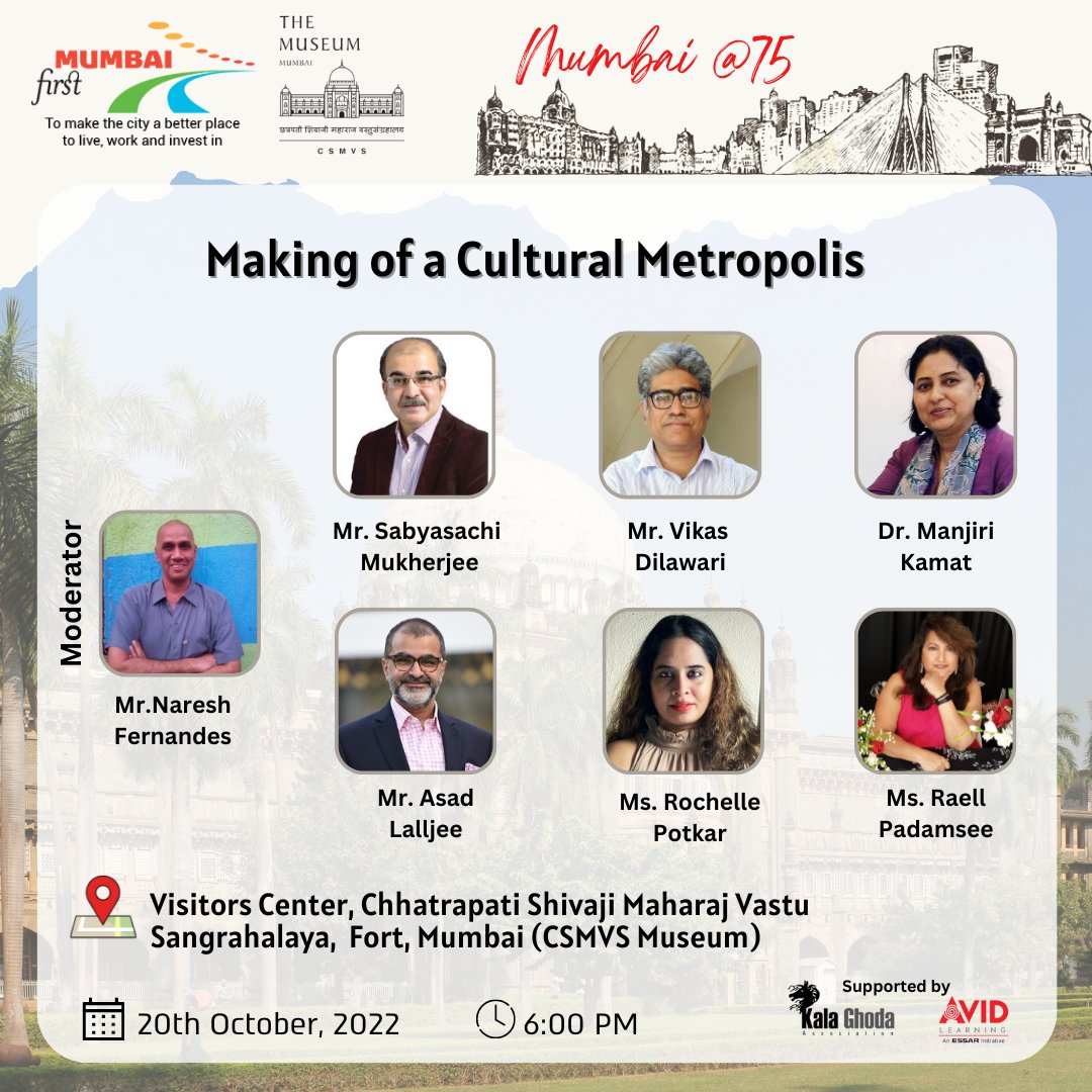 mumbaifirst's tweet photo. Join us at @CSMVSmumbai for the opening session of our three-part series where we traverse the evolutionary journey of this Mumbai Metropolis, highlighting the milestones over the decades and gazing at the future possibilities https://t.co/0RuVqZuKDF