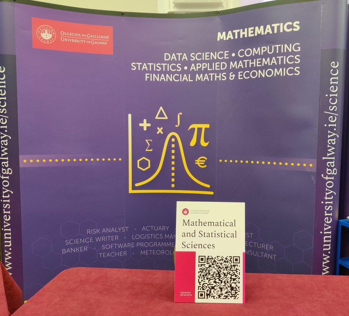 Maths, University of Galway (@unigalwaymaths) on Twitter photo Ready to meet everyone at our stand in the Aula Maxima!
Interested in studying Mathematics in Arts (GY101) or Science (GY301), Financial Mathematics and Economics (GY309) or Mathematical Science (GY319), come chat with us. Ready to meet everyone at our stand in the Aula Maxima!
Interested in studying Mathematics in Arts (GY101) or Science (GY301), Financial Mathematics and Economics (GY309) or Mathematical Science (GY319), come chat with us.