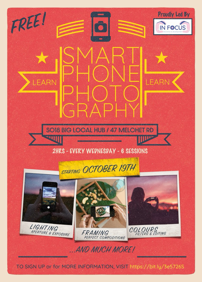 InFocusCIO's tweet photo. Calling all residents of SO18!
If you want to improve your smartphone camera photography - this is the workshop for you!
Visit https://t.co/c4sUmlBKHM for more info or to sign up!
#SO18 #southampton #photography #workshop https://t.co/x2PJ5KoVR7