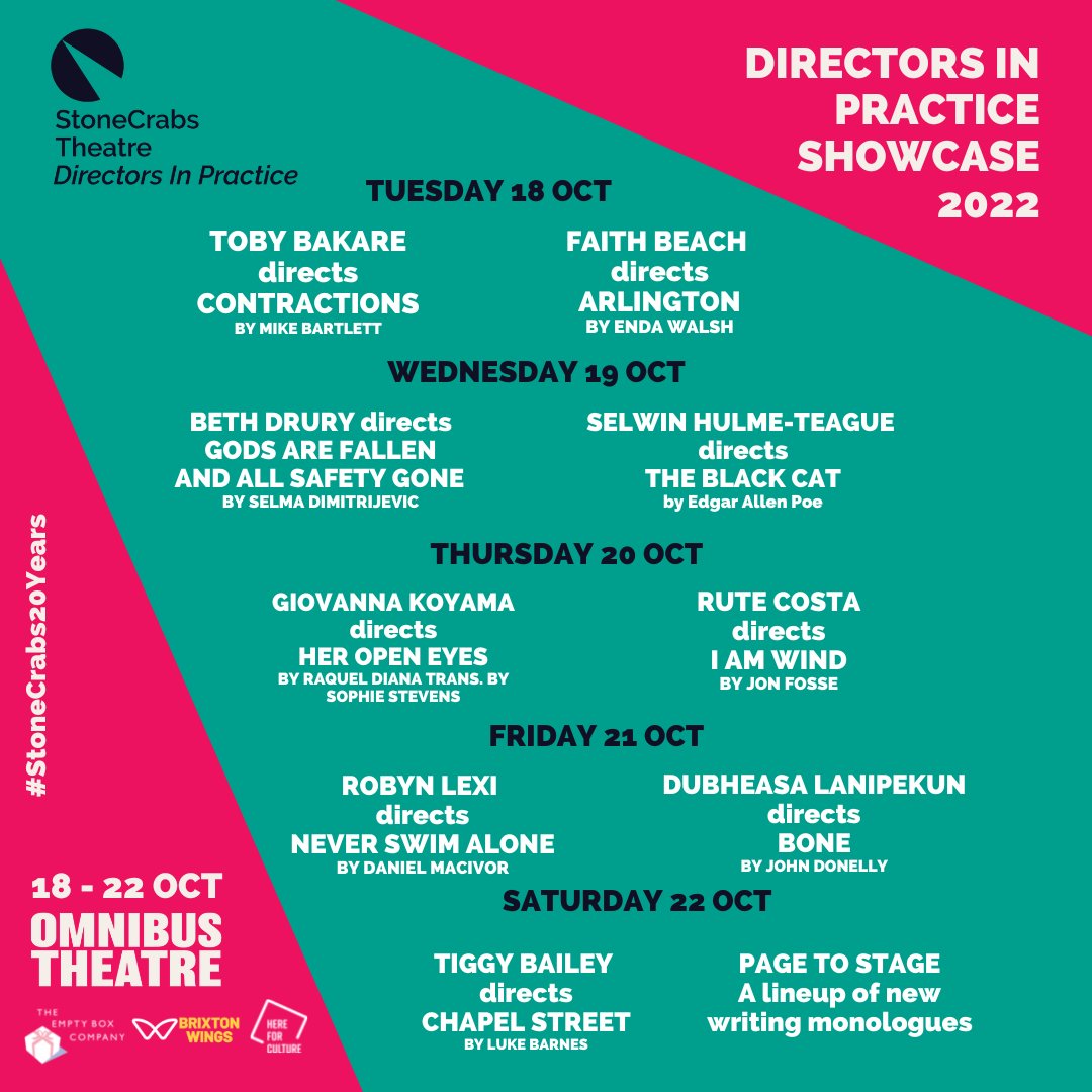 StoneCrabsTC's tweet image. Happy #followfriday!
Thanks @EmptyBoxCo &amp;amp; BrixtonWings
2morrow, we kick off the 'Directors In Practice Showcase' countdown!! 
@_bethdrury @puddlemuppet  @LaideSonola @penny_diaz  @RobynLexi  @Rute17_ 
@tiggybayley @Tobi2baks Selwin Hulme, Giovanna Koyama &amp;amp; Dubheasa Lanipekun