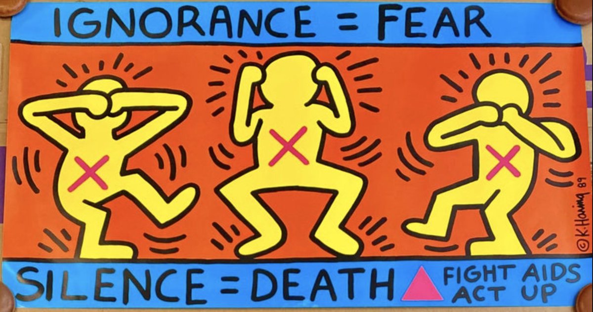 lynncomerford's tweet image. This Keith Haring painting done in NYC in the 1980s captures how I&apos;m feeling about Twitter suspending Dr. Peter McCullough&apos;s account. 

#SilenceEqualsDeath
#IgnoranceEqualsFear
#CensoringScience
