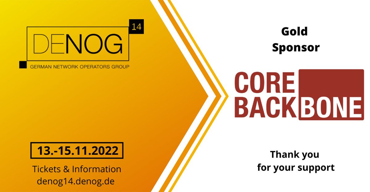 Thank you <a href="/corebackbone/">Core-Backbone GmbH</a> for your support of this year's #DENOG14! We're looking forward to a great event together with you! Learn more at denog14.denog.de