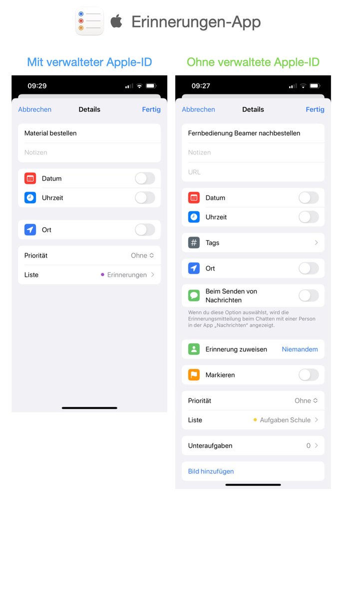 HussaEDU's tweet photo. Hallo, hat jemand eine Erklärung dafür? In der  Erinnerungen-App gibt es beim Verwenden einer verwalteten Apple-ID nicht den vollen Funktionsumfang. Kann man das irgendwo einstellen? #AppleEDUCommunity #twlz #Apple https://t.co/nAYssiv2Rg