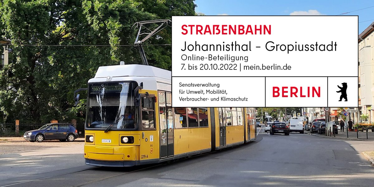 Heute startet die Online-Beteiligung "Straßenbahn Johannisthal - Gropiusstadt" auf mein.berlin.de. Teilen Sie uns bis zum 20.10.2022 Ihre Hinweise und Anregungen zum Streckenverlauf mit - unter mein.berlin.de/projekte/stras….

#Straßenbahn #ÖPNV #Beteiligung #Mobilitätswende