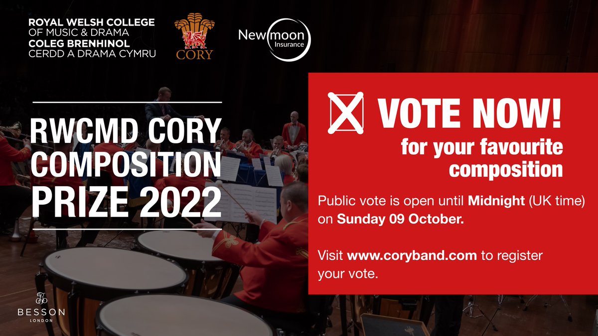 VOTING NOW OPEN 
Help determine the 2022 RWCMD Cory Composition Prize winner by voting for your favourite piece ➡️bit.ly/3RGJByp 
Voting closes at Midnight (UK time) - Sun 9 Oct. 
<a href="/4barsrest/">4barsrest.com</a> <a href="/BB1887/">British Bandsman</a> <a href="/BBWMagazine/">Brass Band World</a> <a href="/RWCMD/">Royal Welsh College of Music & Drama</a> <a href="/NewmoonMusical/">Newmoon Insurance</a> <a href="/BessonLondon/">Besson Brass</a>