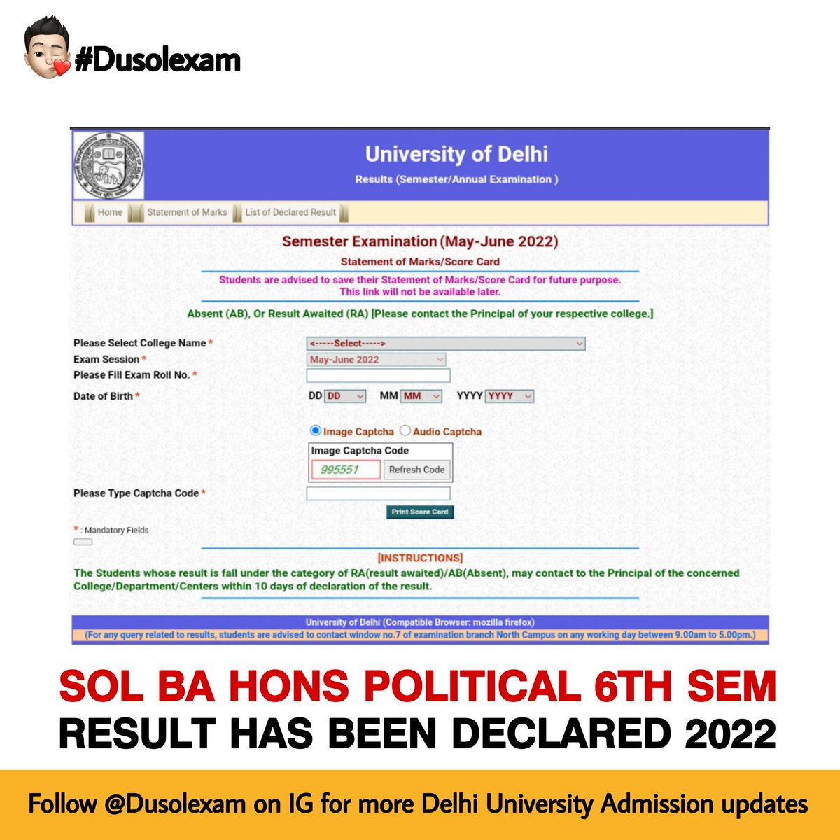 DU SOL BA Political Hons 6th Semester Results Has Been Declared Now 2022 instagram.com/p/CjXTD6uhOnC/…