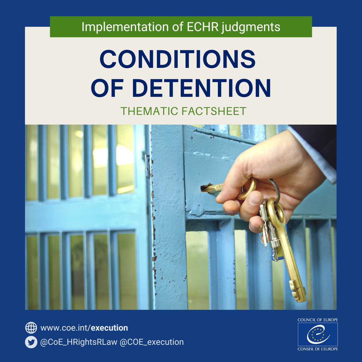 Article 3 of the #ECHR enjoins to States to ensure that detainees be held in conditions which are compatible with respect for #humanrights and for their #humandignity.
Read our @COE_Execution thematic factsheet on conditions of #detention to know more.
bit.ly/3SLwNZ0