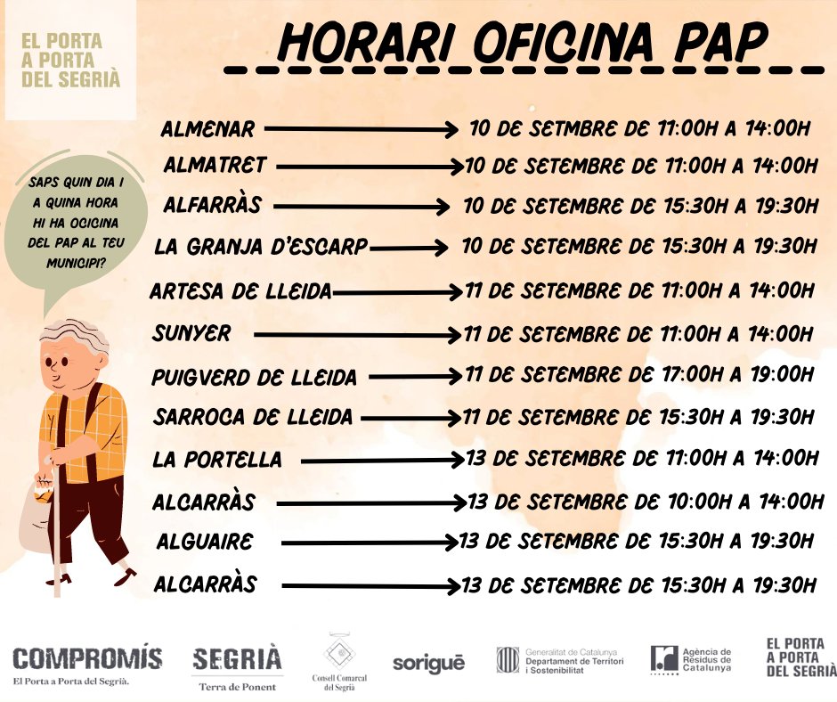 segriapap's tweet photo. Recordem els horaris d’oficina del porta a porta de la setmana vinent.
Per més informació consulteu el nostre web https://t.co/REPCBwcYMy
#ObjectiuRezero #CCSegria #Segriaresidus #TerradePonent #Lleida #Sostenibilitat #Reciclatge https://t.co/RiGJBK25Yb