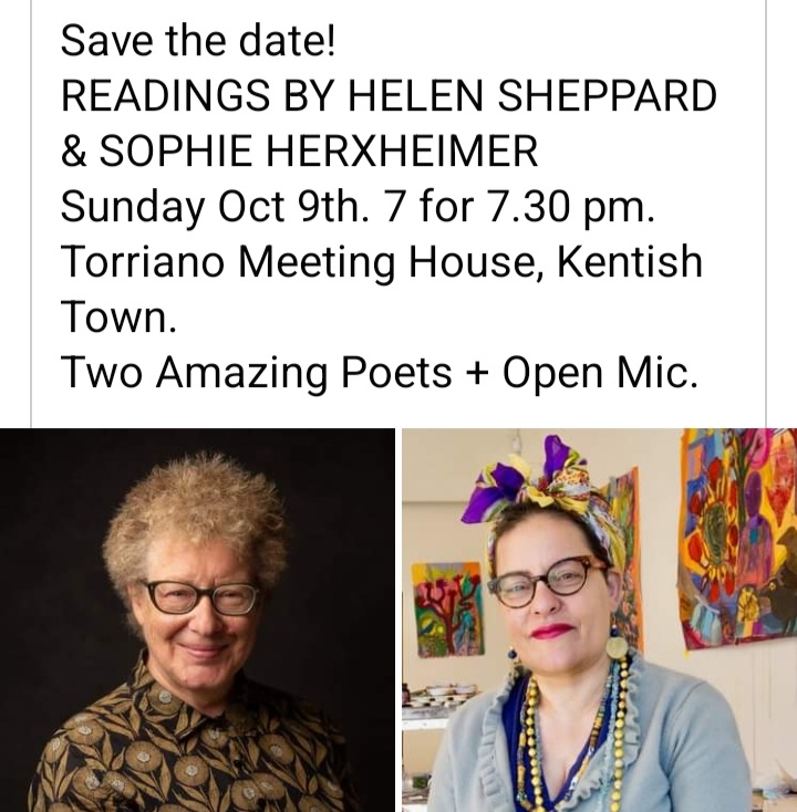 HelenSheppard7's tweet photo. Tomorrow in London... I'm absolutely thrilled to be reading poetry with the fabulously talented @SophieherX at the iconic poetry venue  @torrianomeetinghouse Kentish Town on Sunday 9th October. See you there. Thank you @PaulineSewards for invite.💖💖💖 
#poetry
#spokenword
#poets https://t.co/ps1t6rWMB4