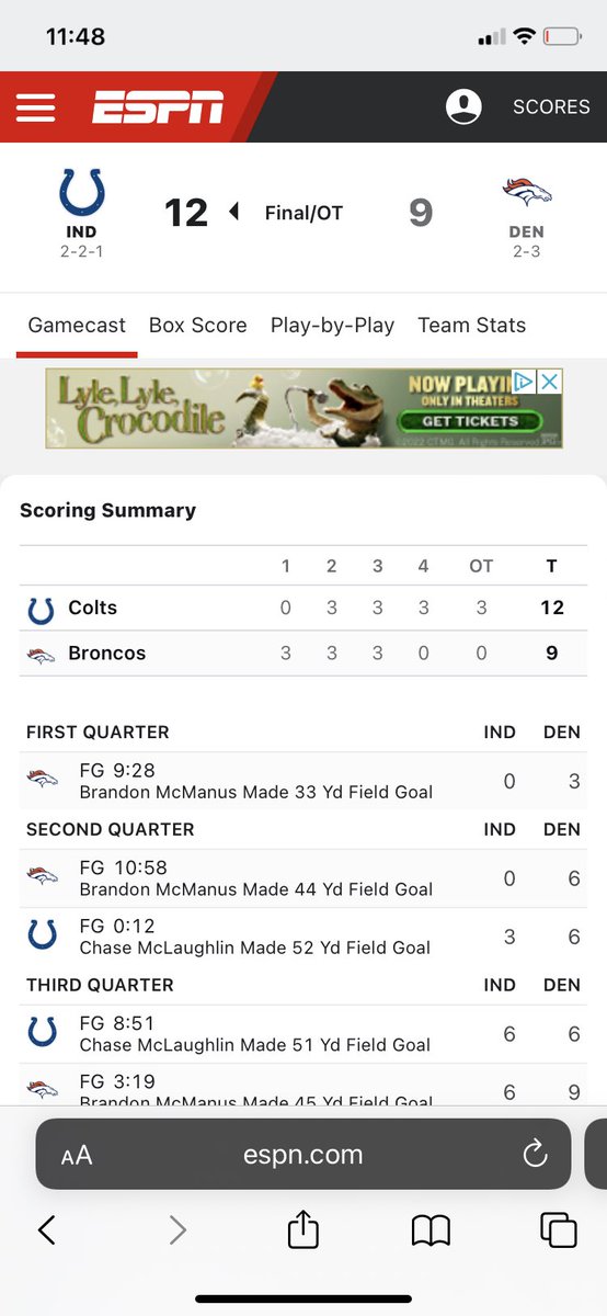 Crazy ending… even had @ESPNStatsInfo all over map.. Colts make FG with 5:50 left in OT yet they apparently had a 100% chance of winning… till 3 plays later when they had a .09% chance… then 1 play later they WON…!