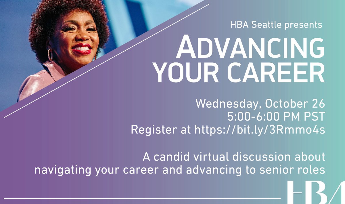 HBAPacific's tweet photo. Join HBA Seattle on Wednesday, October 26 at 5:00-6:00 pm PST for a candid virtual discussion about navigating your career and advancing to senior roles! Register today at https://t.co/tsPYDRVpeN! #HBAimpact #HBASeattle https://t.co/zFVBZ9B9Jq