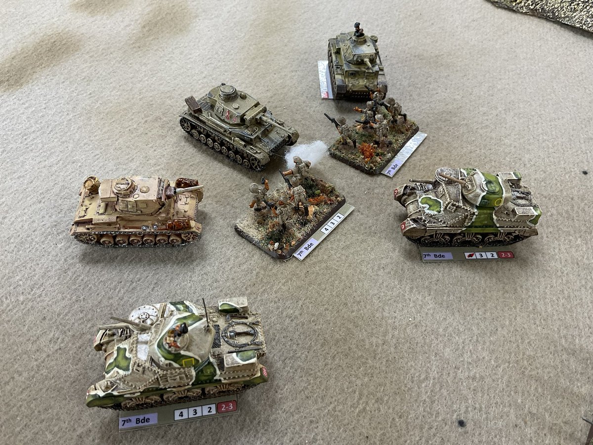 Oldwargamer's tweet photo. British now being drawn into the attack, the panzer IIIs are tough. 
#tobruk #15mm #wargaming #wargames #wargamer #earlywar #WWII #desertwar https://t.co/ViO3RStyrN