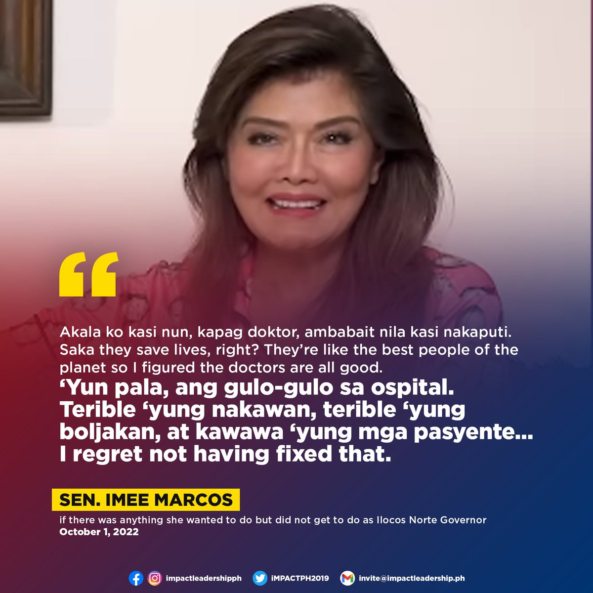 iMPACTPH2019's tweet photo. 'I REGRET NOT HAVING FIXED THAT'

Sen. Imee Marcos regrets not fixing the hospitals in Ilocos Norte when she was still governor. https://t.co/pJ2A6UhHVi