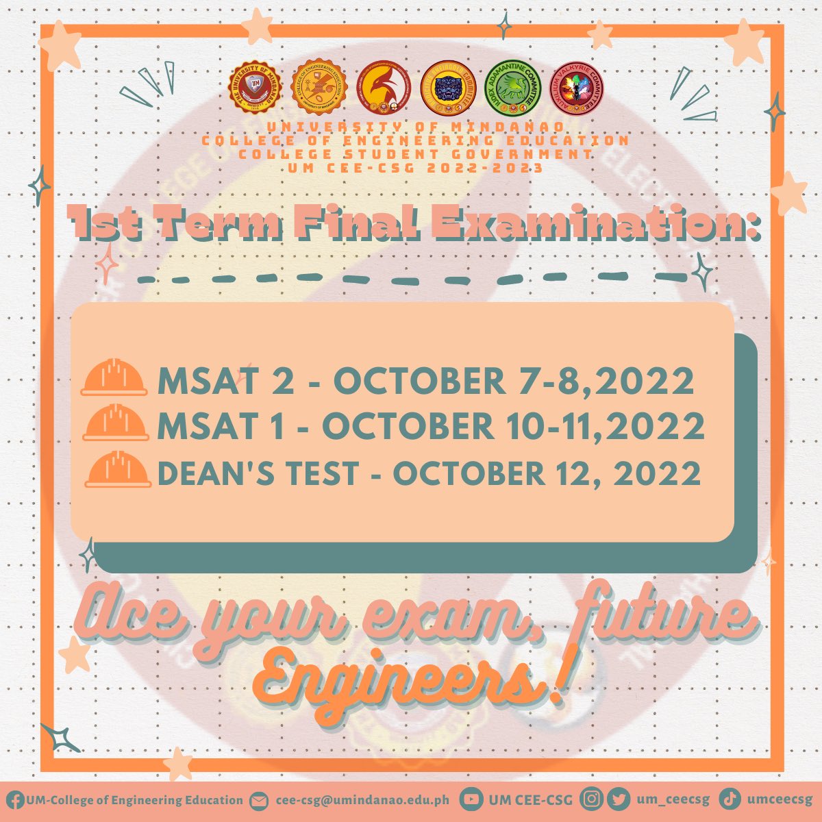 um_ceecsg's tweet photo. Give your best shot in answering each problems and never be consumed by the overwhelming pressure of time. 

Good luck and God bless, future Engineers!

#1stTermFinalExam
#YouCanDoThis
#UMceecsg https://t.co/uOVtwNUGRJ