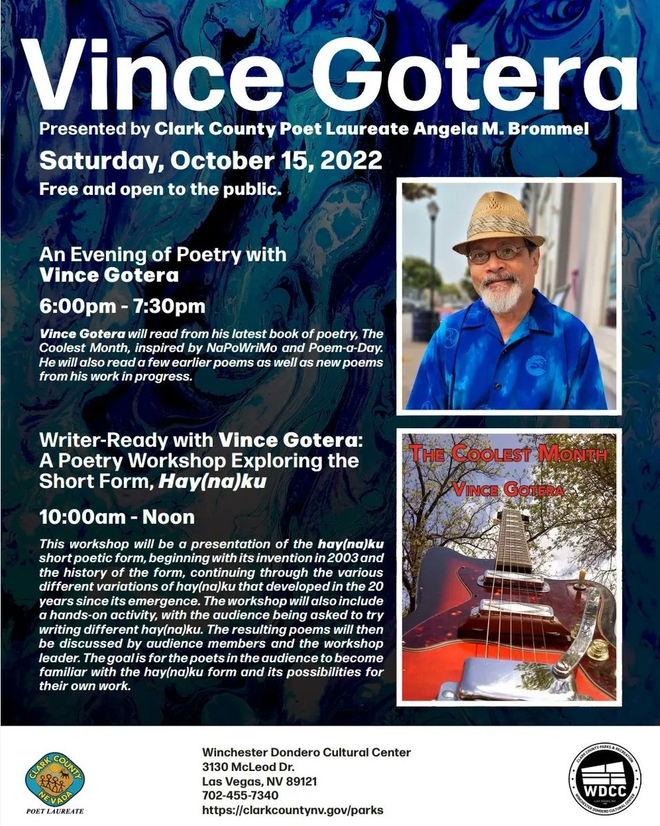 ambrommel's tweet photo. Please join me on Sat., Oct. 15th 10am-Noon for a #WriterReady workshop, and at 6pm for an evening of poetry with Vince Gotera. He will read from The Coolest Month, inspired by NaPoWriMo and Poem-a-Day. He will also read a few earlier poems as well as new ones. https://t.co/oSI3M395AX