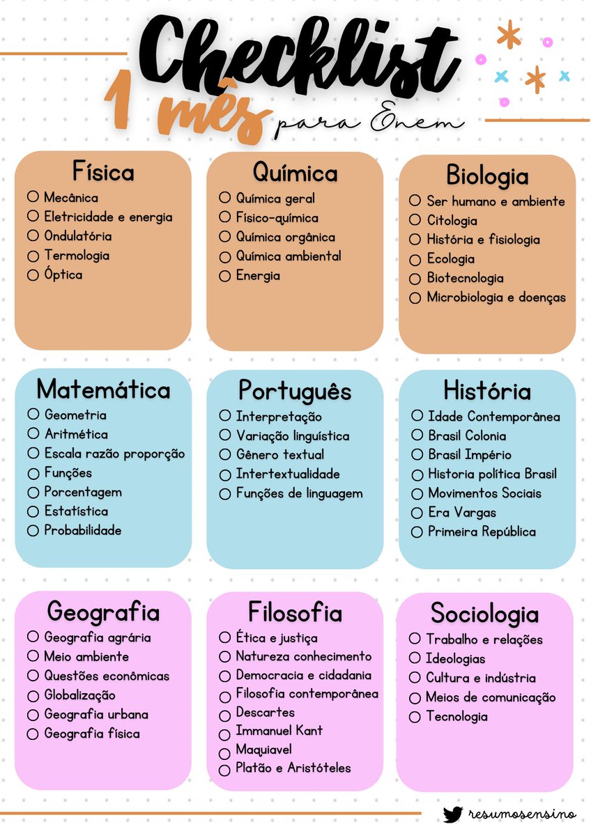 resumosensino's tweet photo. Checklist 1 mês para ENEM - Resumos Ensino Médio https://t.co/fNn9XtUEWr