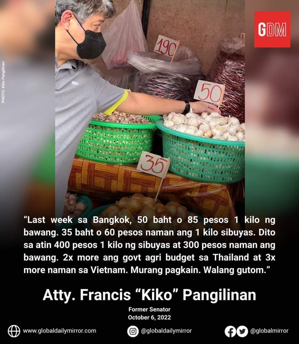 pinoyanghang's tweet photo. No, Kiko. Unlike you, hindi naman namamalengke ang pangkaraniwang Pinoy ng murang SIBUYAS at BAWANG sa Bangkok, Thailand. Mas murang di hamak ang rountrip bus o jeepney fare papunta sa Balintawak Market o Farmer's.

#Sarcasm https://t.co/BAYRkcmduv
