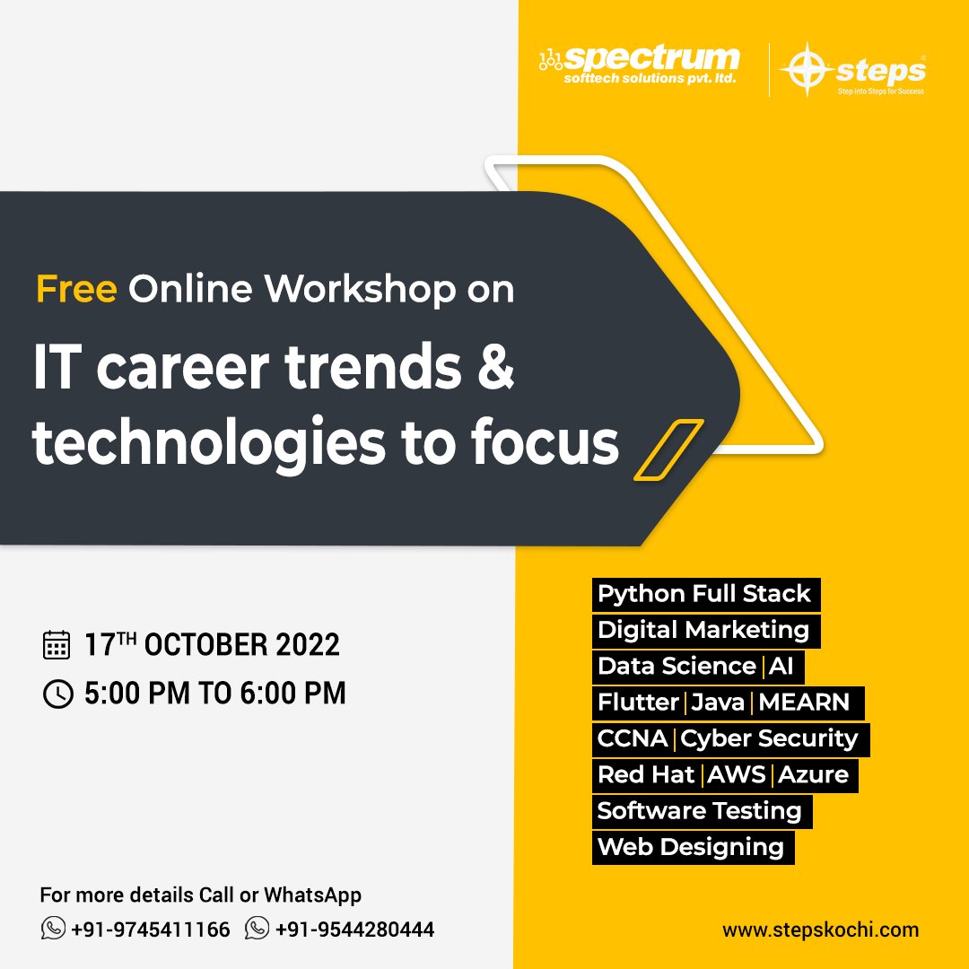 stepskochi's tweet photo. Grab your limited seats for the #FREE online Workshop on IT career trends &amp; technologies to focus on 17th September 2022.
#applynow: https://t.co/ao2GqOWf41

#workshop #ITcareer #career #it #workshop2022 #workshops #python #java #datascience #mearn #AWS #softwaretesting #flutter https://t.co/po94sP7KqU