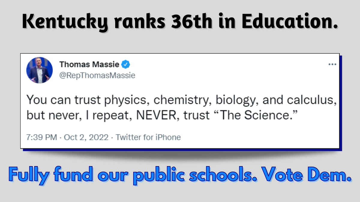 Heidi_Maed_It's tweet photo. Kentucky ranks 36 in Education. This is the result. We need to fully fund our public schools. Pay teachers what they're worth. For the sake of this country, please support his opponent @lehman4kentucky. Donate here: https://t.co/yYXVgELY6r

#DemcastKY #MobilizeForMidterms https://t.co/Y71rdyTQ8x
