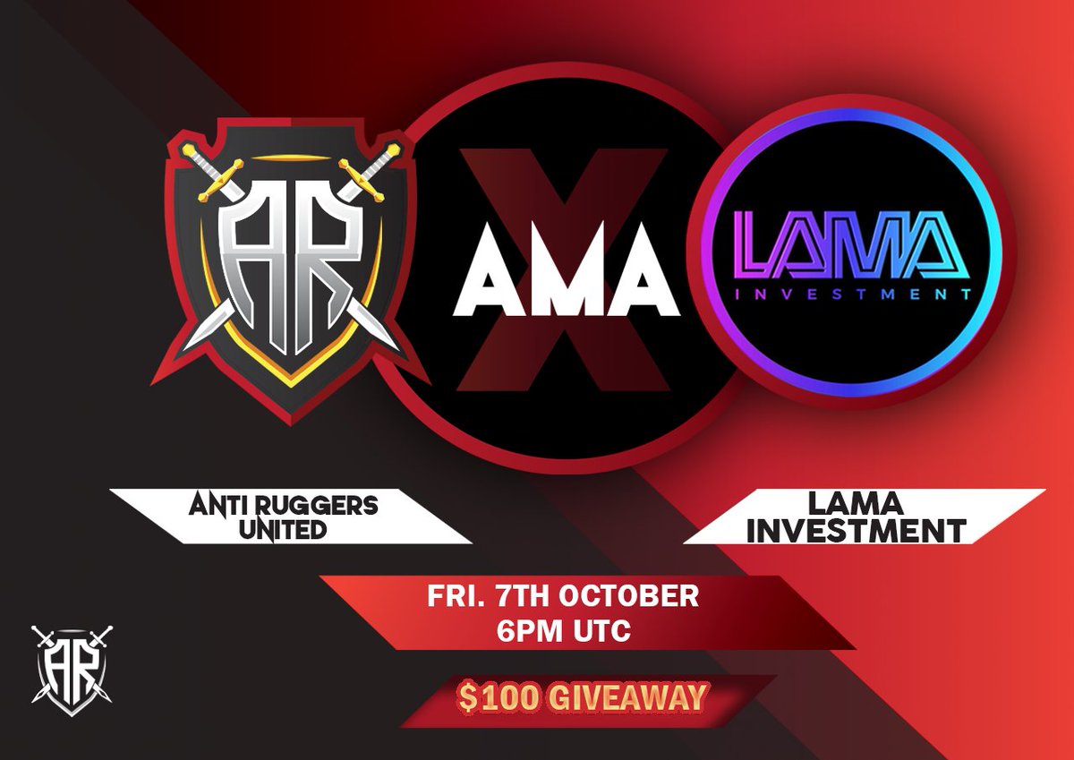 AntiRuggers's tweet photo. Anti Ruggers United is pleased to bring you another AMA!
Where: https://t.co/KcOqBBmGMM
Project: LAMA Investment
TG: https://t.co/MUpHzl8T40
Website: https://t.co/wvjf4jYccz
Time: Friday, 10/07/2022 at 6:00PM UTC
Join the AMA for a chance to win $100 BUSD!
#UnbottedAMA #BSC https://t.co/doGSW9ledL
