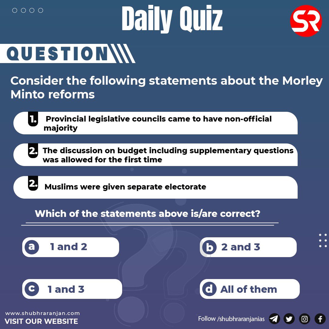 ShubhraRanjan's tweet photo. Question Of the Day - 7th October 2022
-------------
- You can post your answer in the Comment Box.
- The correct Answer will be Posted by the evening in comment Box.
#dailyquiz #upsc #questionoftheday #upscquiz #history #morleymintoreforms #legislativecouncil #muslims https://t.co/sHuXrNWi0F