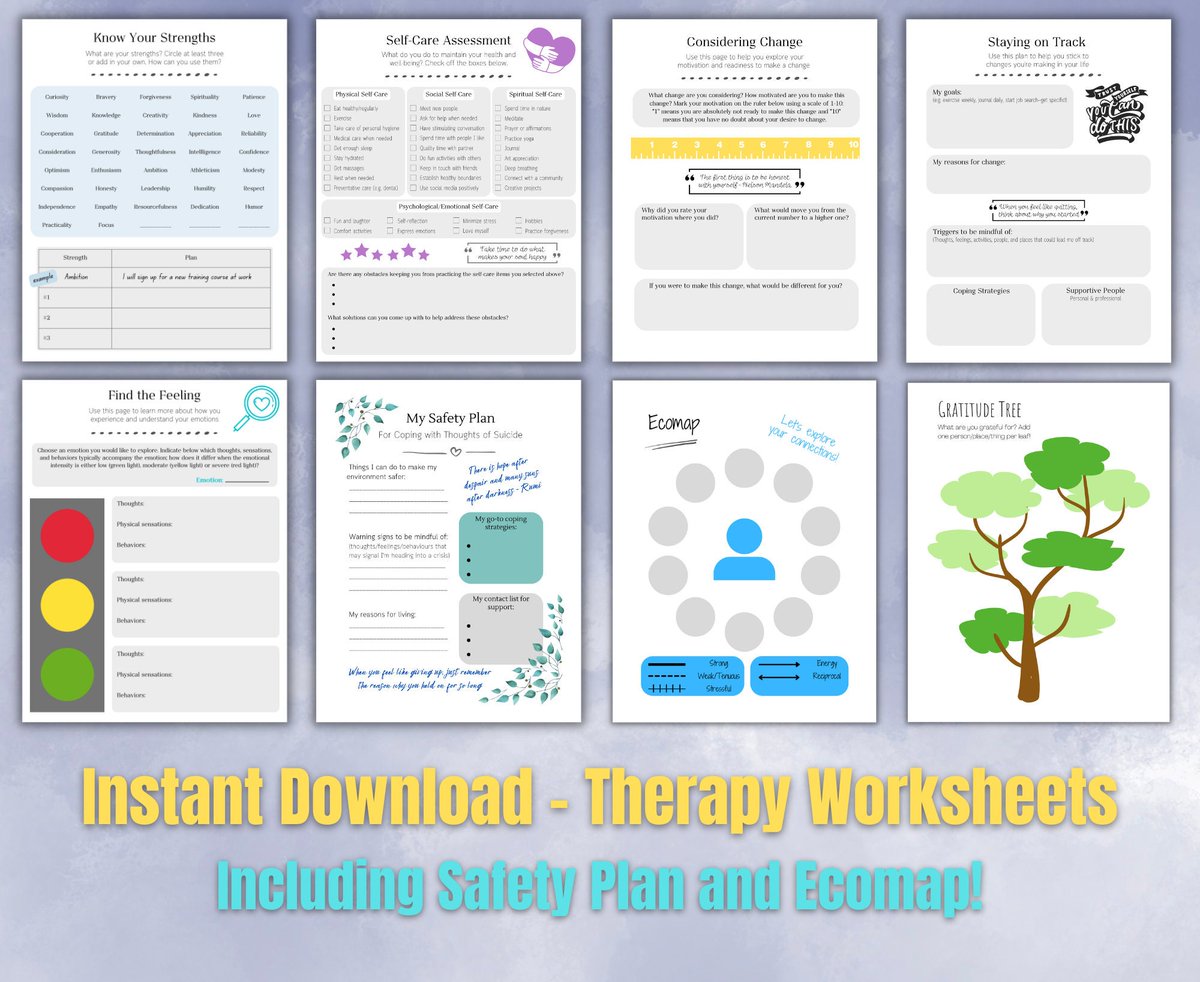LeviosaDigital's tweet photo. 8 Therapy Worksheets, crisis safety plan, Self-Care, Strengths, Motivational Interviewing, Therapy Template, Social Work Tools, Counselling https://t.co/mO3pHzzalm #strengthsbased #positivepsychology #therapytool #counsellingtemplate #therapyworksheet #socialworktools https://t.co/3Rf0fNvTSy