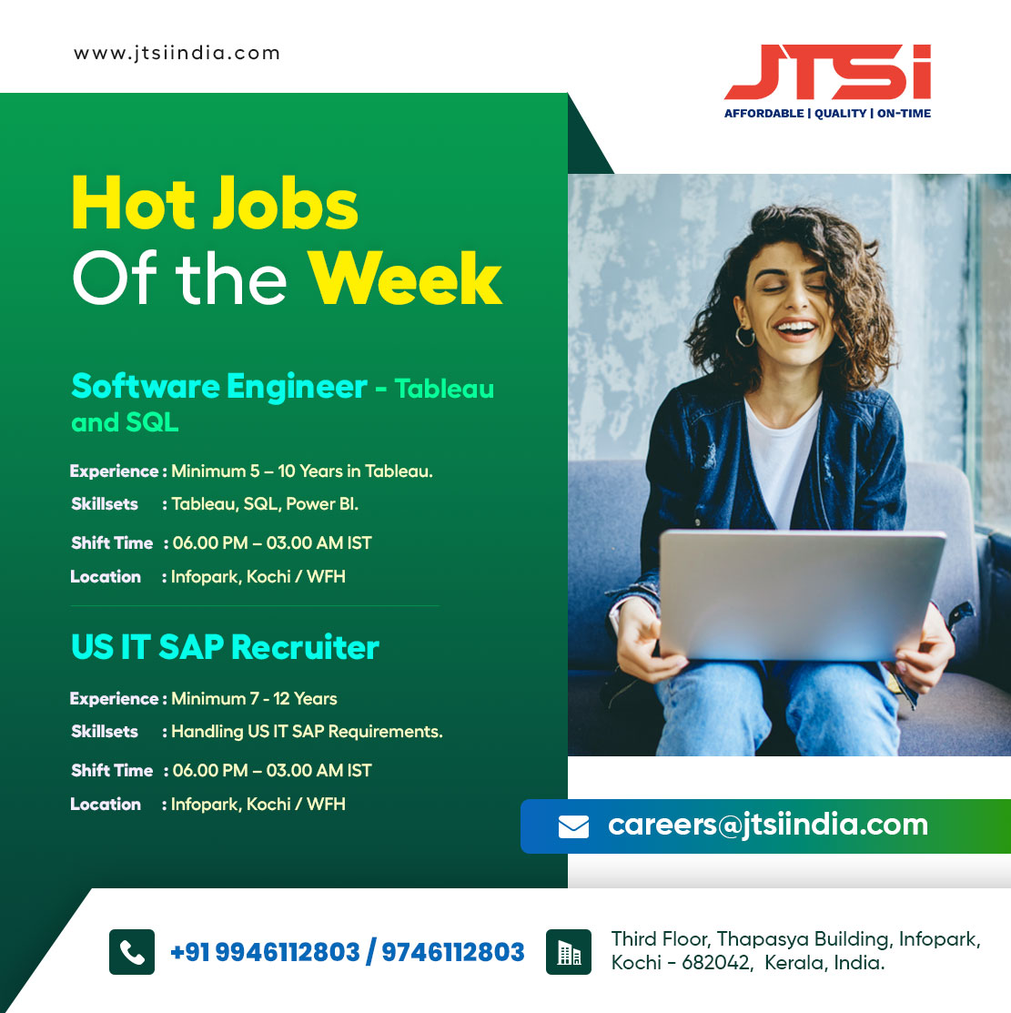 Jtsiindia's tweet photo. #Hotjobsalert #Hotjobs of #Theweek

We are Hiring!

1. Software Engineer – Tableau and SQL

2. US IT SAP Recruiter

#jtsiindia #hiring #recruitment #itjobs #kochijobs #infoparkjobs #keralajobs #softwareengineerjobs #tableaujobs #sqljobs #sapjobs #saprecruitingjobs #saprecruiter https://t.co/44GiwsbaaV
