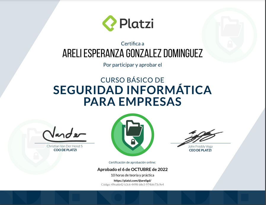 AreliGD3's tweet photo. Aprobé el curso de Seguridad Infromatica para Empresas de @PlatziTeam 

https://t.co/bNIOW0c540

🥳🥳🥳🥳

#seguridaddelainformacion #seguridad 
#informatica #certificado #seguridaddigital https://t.co/8vjy5ucJWR