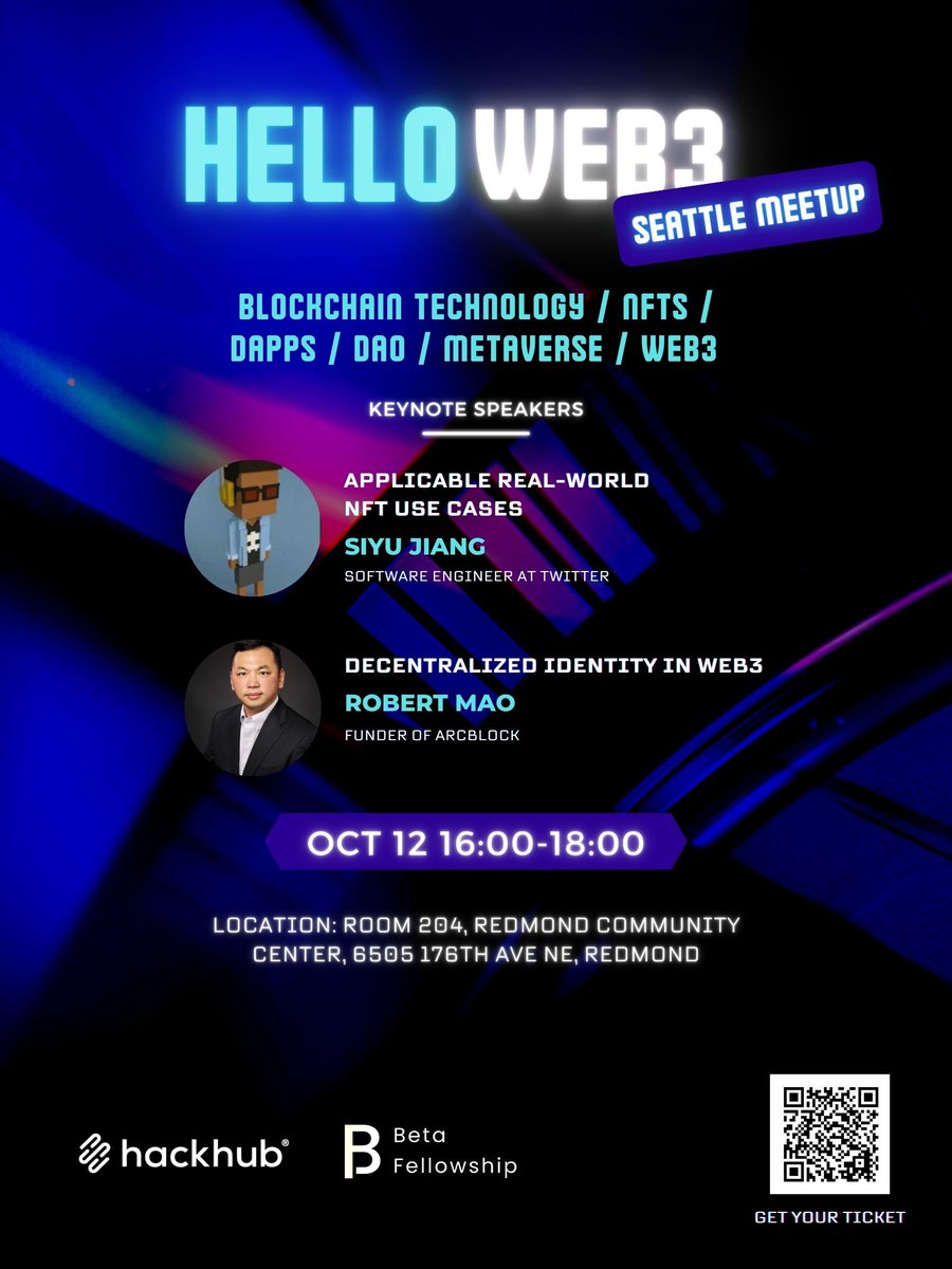 {Hello Web3} Our vol.4⃣️ meetup is coming to Seattle 🇺🇸Super excited to have two fantastic speakers on board <a href="/JohnJsy0216/">siyu.uni.eth</a> &amp; <a href="/mave99a/">Robert Mao</a>
 
Tickets are selling out FAST, get yours today at 👉linktr.ee/hackhubio
