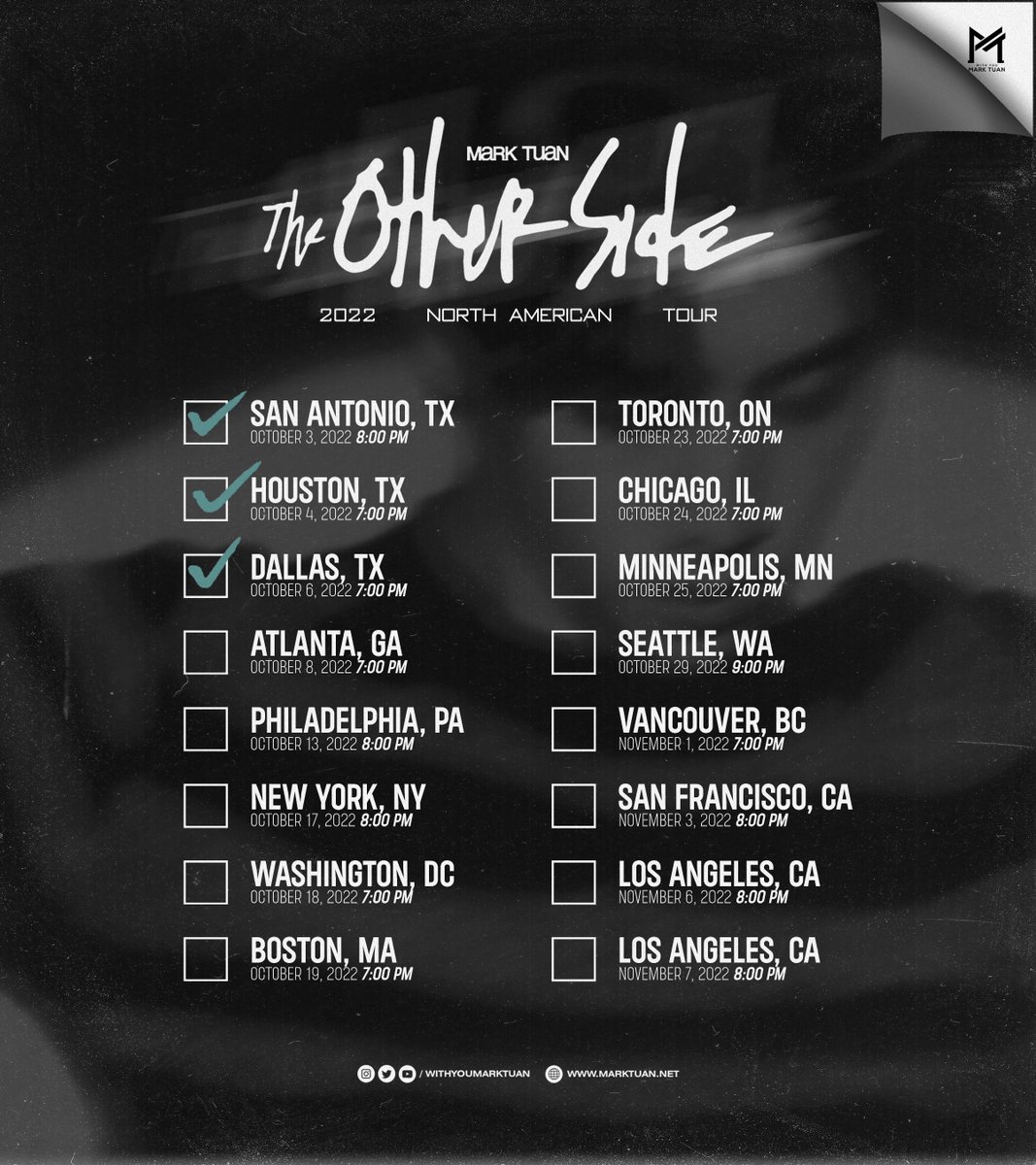 withyoumarktuan's tweet photo. Third show done! 🚀🙌🏻

How was it, Dallas? Did you enjoy the show?! Thanks to all the fans that shared fancams online, we got to enjoy with y’all! 🥰

MARK TUAN IN DALLAS
#theotherside_Dallas #theothersidetour 
#MarkTuan #Mark #段宜恩 #마크 
@marktuan @dnaofficial https://t.co/UsOH9MkjfO