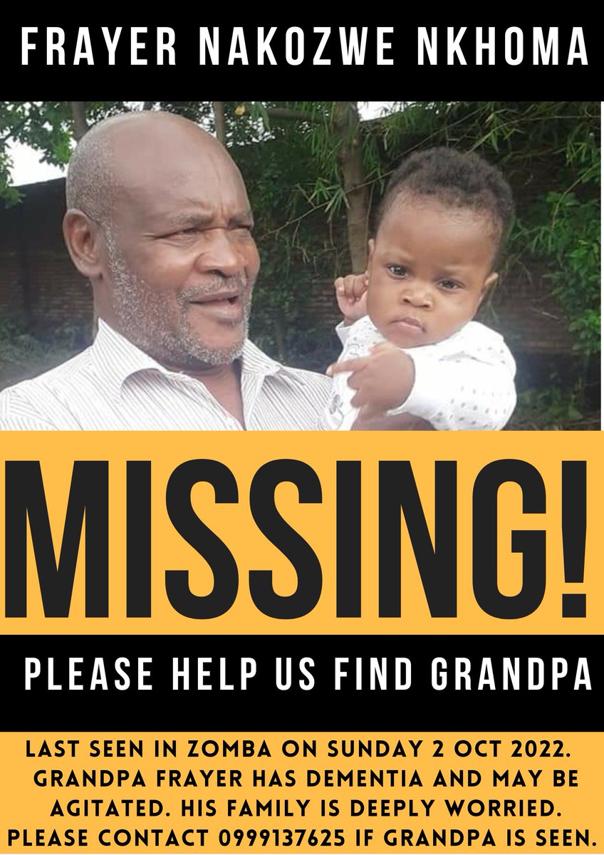 Twitter Malawi, we really need your amazing help. Grandpa Frayer is missing in Zomba. He has dementia and is likely to be confused or agitated. Any sightings, please contact the number on the poster or me. Please share &amp; RT. Thank you very much.