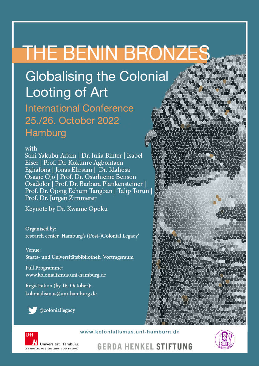 JuergenZimmerer's tweet photo. "The #BeninBronzes. Globalising the Colonial #Looting of Art"
Come join us at @coloniallegacy  Hamburg on 25/26 October for a final assessment of their history, the loot &amp; their restitution on the eve of their return.
Please register before October 16th👇
https://t.co/twh7FZpWi7 https://t.co/ALiRmzB5dk