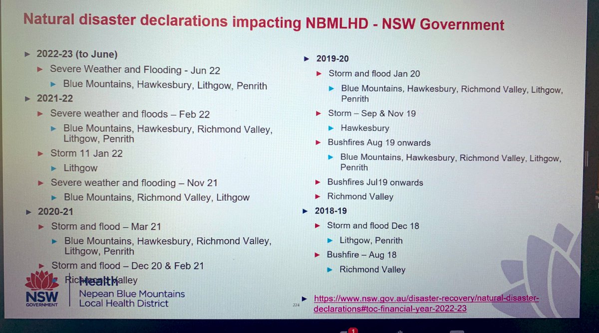 “We are living climate change today” 
It’s not a future problem. 
Long list of extreme weather events in the Nepean Blue Mountains region in the last few years! 

Think of how these would’ve affected the buildings, service delivery capability and stress &amp; health of residents.