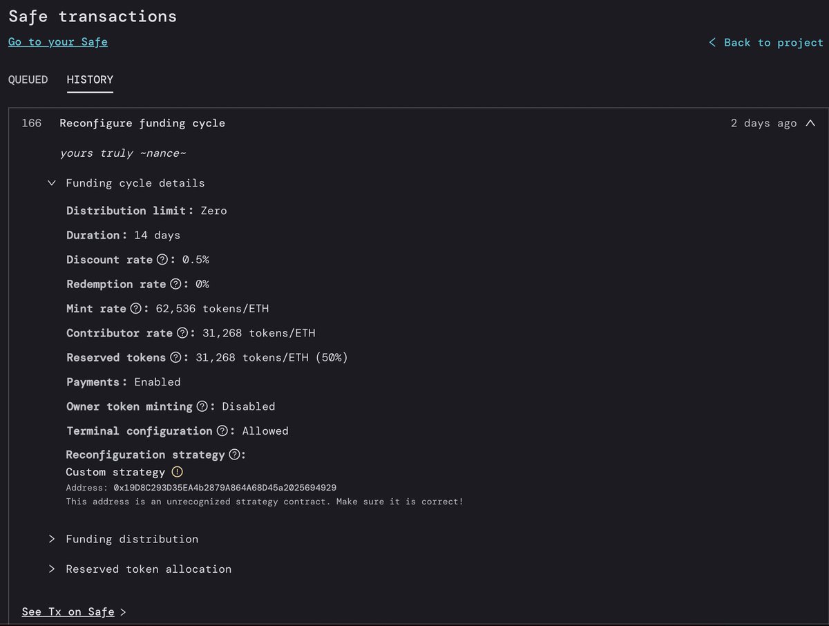 JohnnyD_eth's tweet photo. @juiceboxETH X @safe integration now live! Projects owned by Safes can view all their transactions at `/safe`. Supports rich previews of Juicebox-specific transactions such a reconfiguring funding cycles. https://t.co/YM8OcPANRX https://t.co/Mx5PTd9c6o
