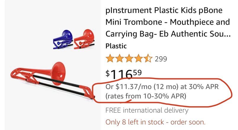 whys amazon got a payment plan for a plastic mini trombone
