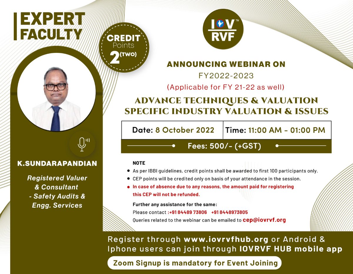 IOVRVF's tweet photo. IOV RVF Announces a CEP webinar on 8 October, "1. Advance Techniques & Valuation 2. Specific Industry Valuation & Issues”
The registration link is Given Below
https://t.co/rO61nchxO6
#IOV #IOVRVF #institutionofvaluers #CEP #CEPcourse #Valuers #Valution #onlinesession
#Delhi https://t.co/KpJnNadWDi