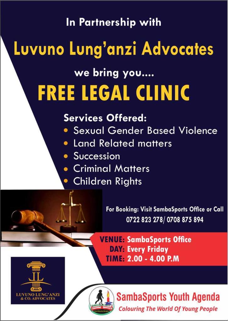 Leo ndio Ile siku ya Free Legal Advice.

Pitia Ofisini SambaSports Youth Agenda , Mchana, Kama wahitaji ushauri wa kisheria.

#sambasportscares