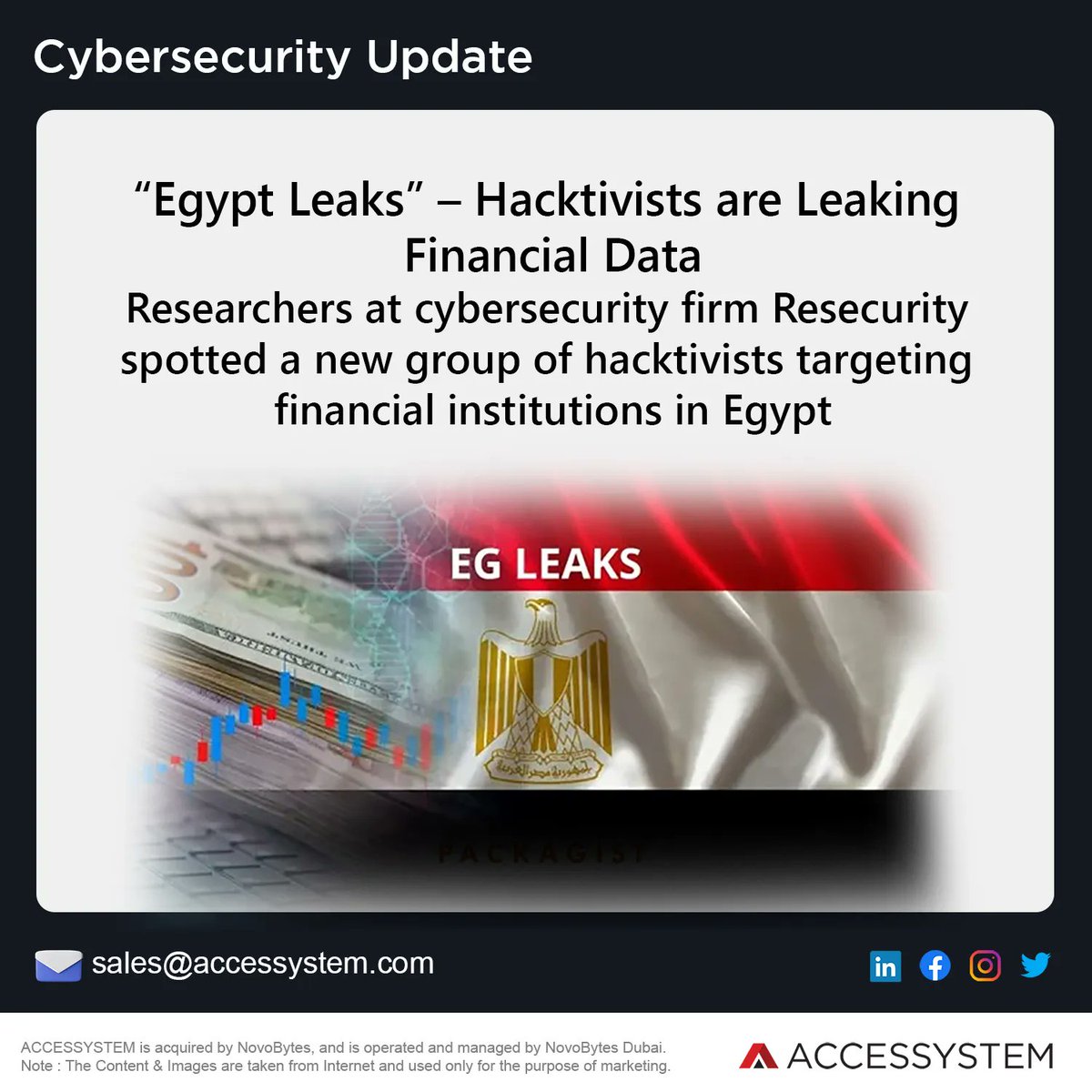 ACCESSYSTEM_IT's tweet photo. “Egypt Leaks” – Hacktivists are Leaking Financial Data.
Researchers at cybersecurity firm Resecurity spotted a new group of hacktivists targeting financial institutions in Egypt.

#Cybersecurity #DataProtection #DataSecurity #ZeroTrust #ACCESSYSTEM #Egypt #Banks #Hacktivists https://t.co/FIsZcrFPiD