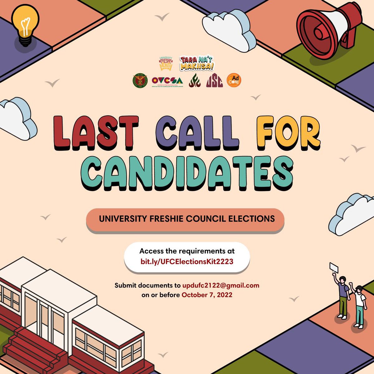 UP_UFM's tweet photo. What's up mga FST ng Bayan! 
Interested in running for the University Freshie Council? 🤔

Deadline for Curriculum Vitae and General and Specific Plans of Action: October 7, 2022 (11:59 PM). 

#TaraNaMakiisa 
#UFM2022 https://t.co/prKTdSlUZ3