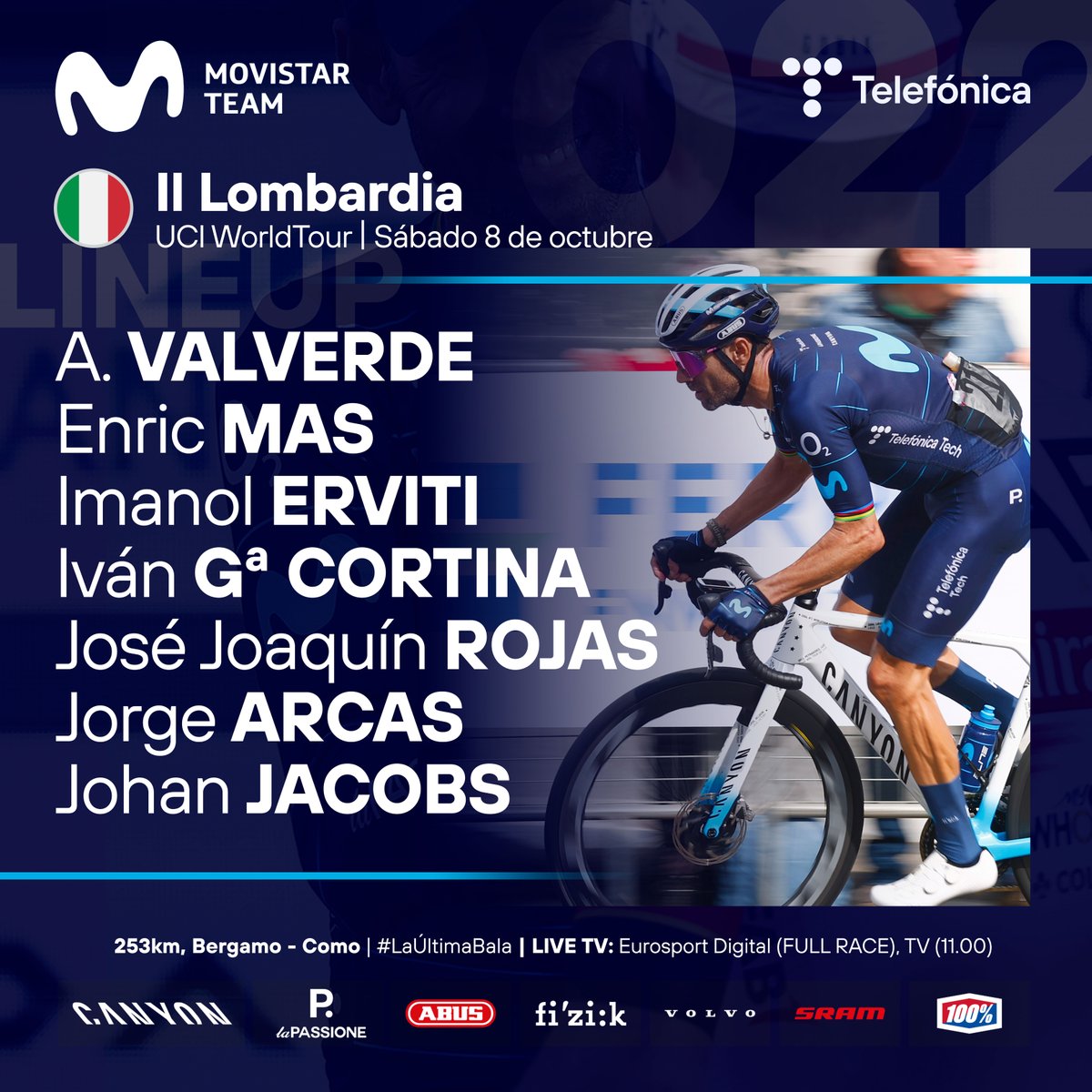 Movistar_Team's tweet photo. Por encima de todo, inmensamente felices de poder llegar aquí de esta manera.

@alejanvalverde se despide este sábado del ciclismo profesional, a su mejor nivel y a por todas.

#LaÚltimaBala 🚀💙

📙 https://t.co/FggN30nJCb

@Il_Lombardia https://t.co/yVUHiAZwQr