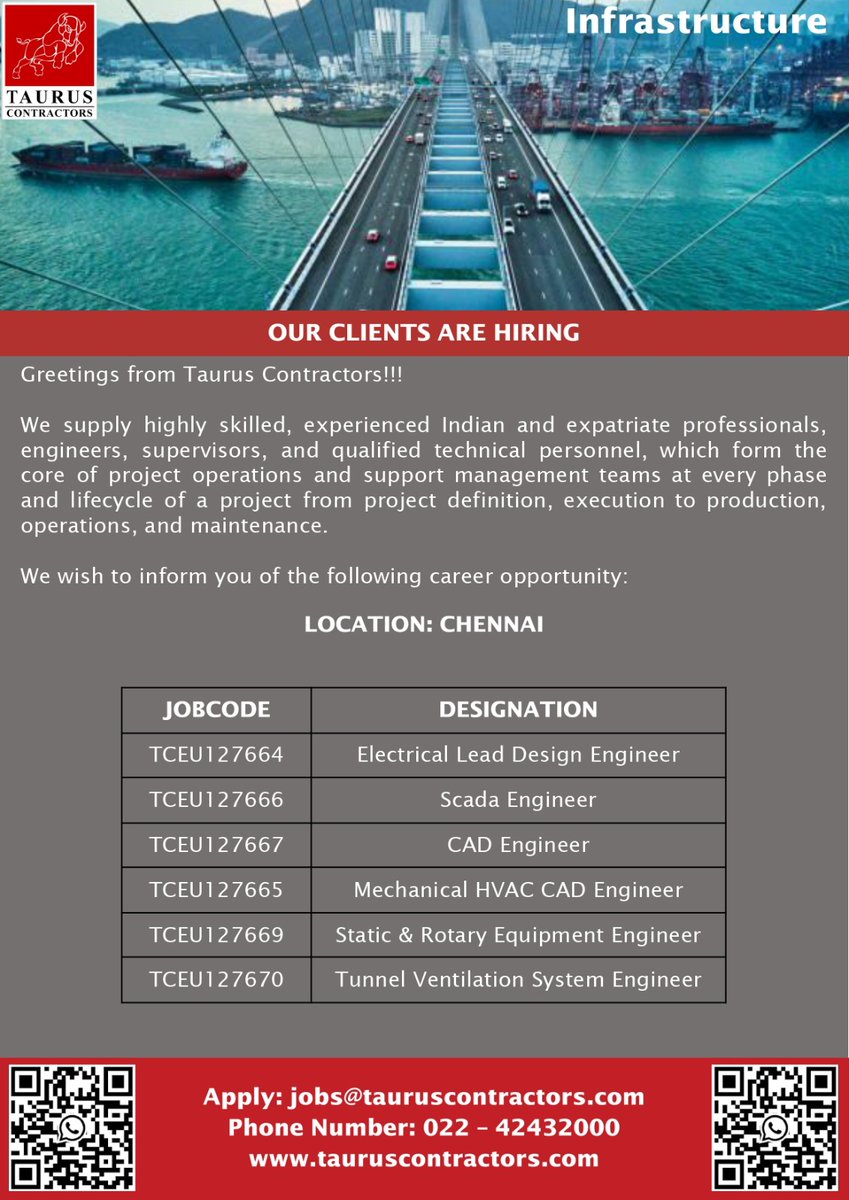 taurusonlinejob's tweet image. #tauruscontractors #electricaldesignengineer #chennaijobs #scadaengineer #rotaryequipmentengineer #cadengineer #mechanicalhvac #tunnelsystemengineer #freerecuitment #hvac #infrastructureprojects
