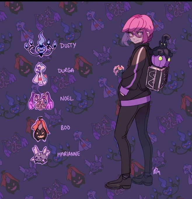 Old drawings from 2019 of my trainer in SWSH who was from Galar originally but left and explored other regions and became a ghost gym leader at one point! They were an adopted older sibling to Allister too   