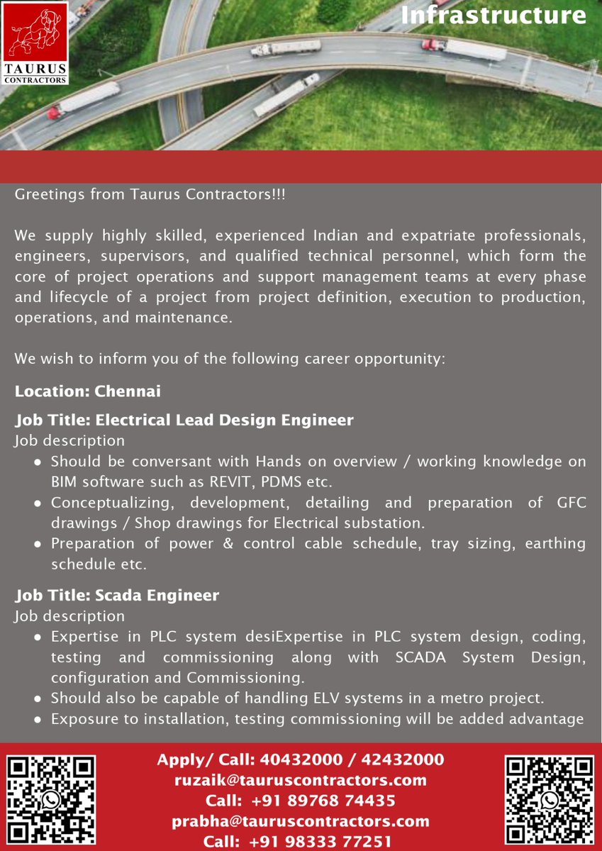 taurusonlinejob's tweet image. #tauruscontractors #electricaldesignengineer #chennaijobs #scadaengineer #freerecuitment #infrastructureprojects #permanentjobs #staffingjobs
