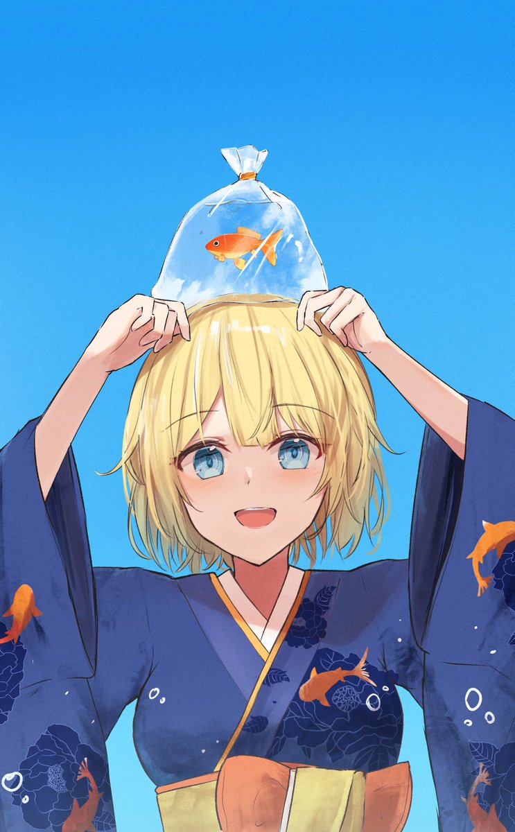 watson amelia 1girl japanese clothes blonde hair kimono blue kimono fish print solo  illustration images